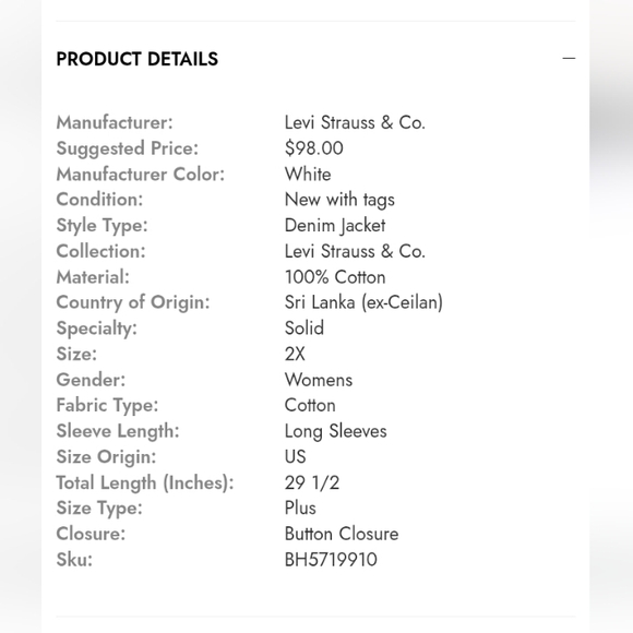 Levi Strauss Plus Size Heavy Denim Jacket NWT - Picture 3 of 9